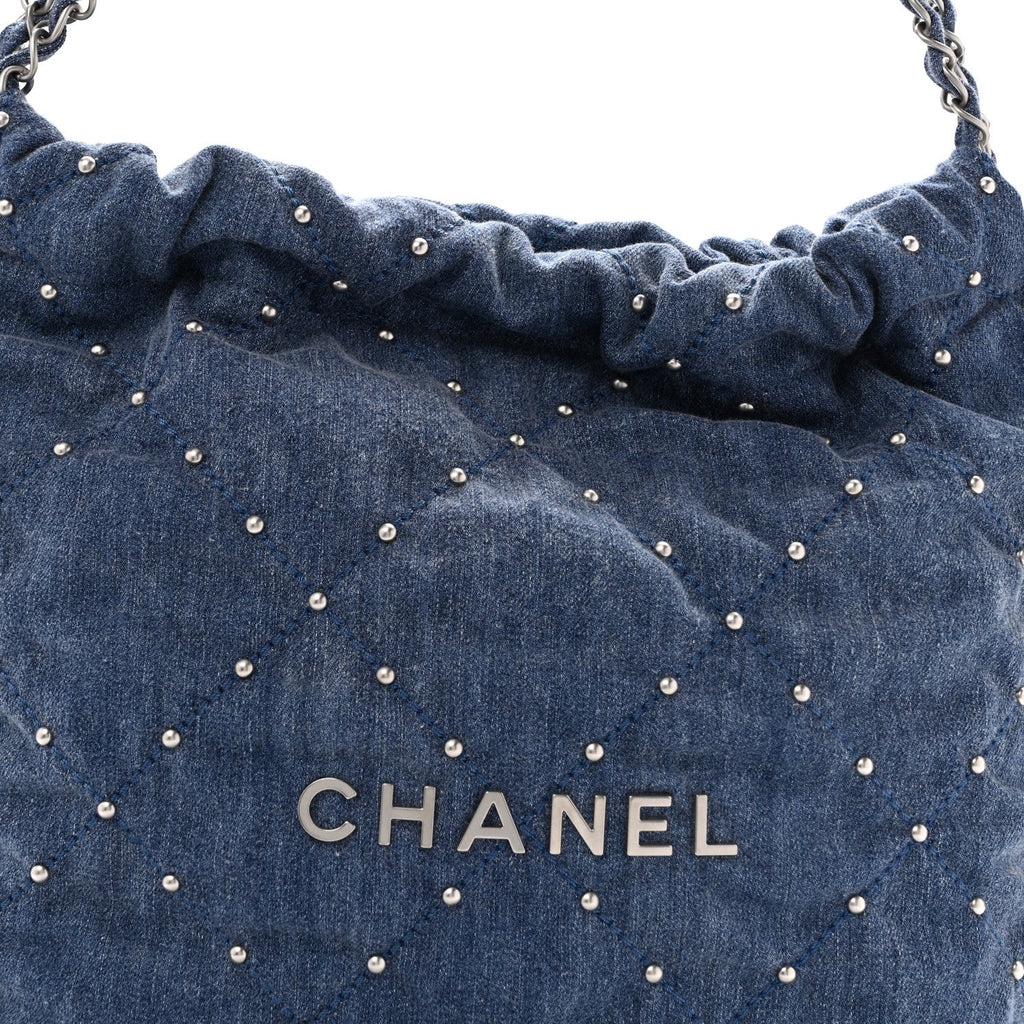Washed Denim Quilted Studded Small Chanel 22 Blue