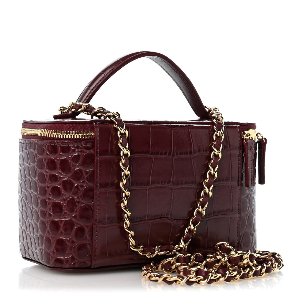 Calfskin Crocodile Embossed Crococo Small Top Handle Vanity Case With Chain Dark Burgundy