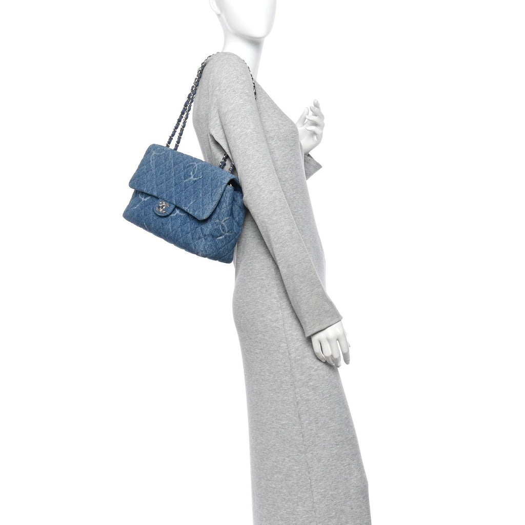 Denim Quilted CC Print Jumbo Single Flap Blue
