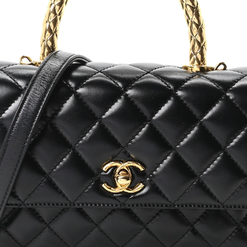 Shiny Calfskin Quilted Mini Coco Chain Gold Handle Flap Black