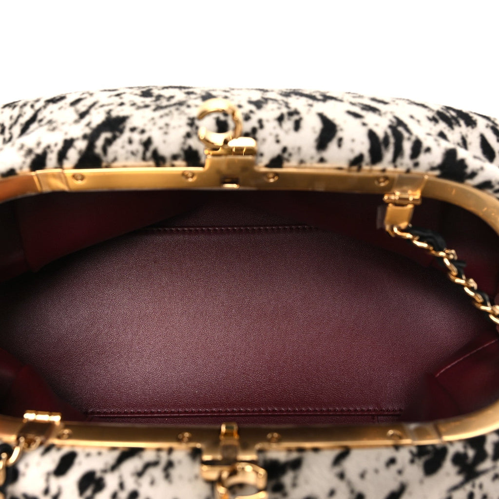 Lambskin Pony Hair Printed Clutch With Chain Black White