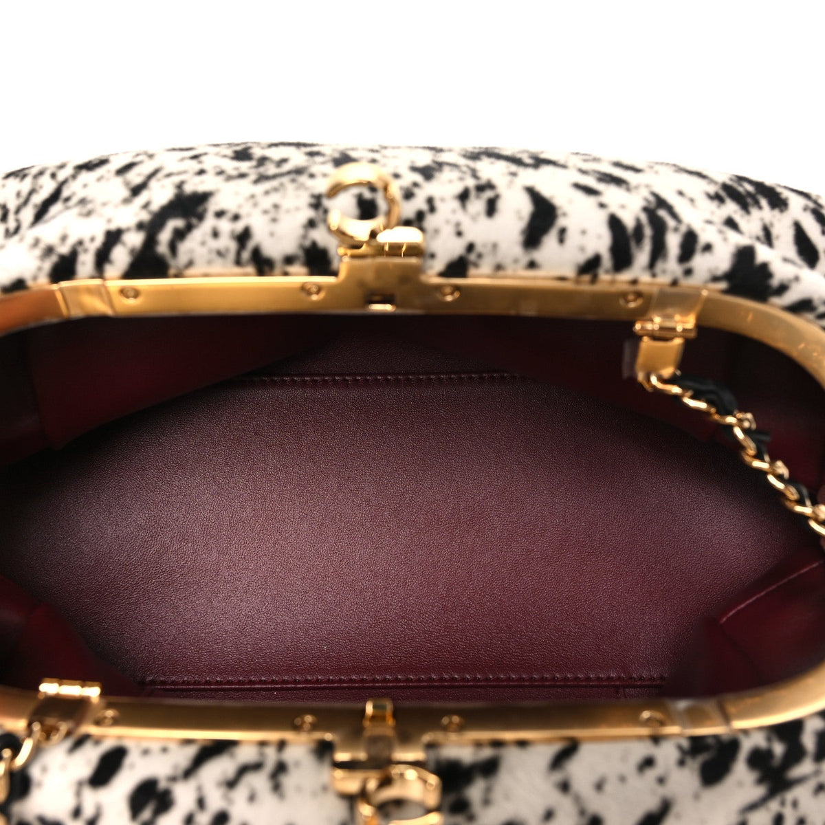 Lambskin Pony Hair Printed Clutch With Chain Black White