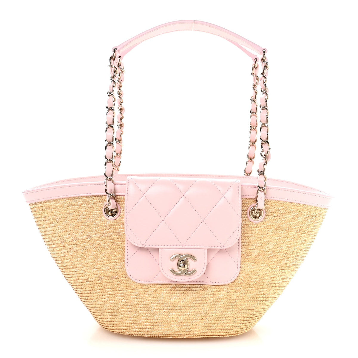 Raffia Braided Lambskin Small Wicker Tote Beige Light Pink