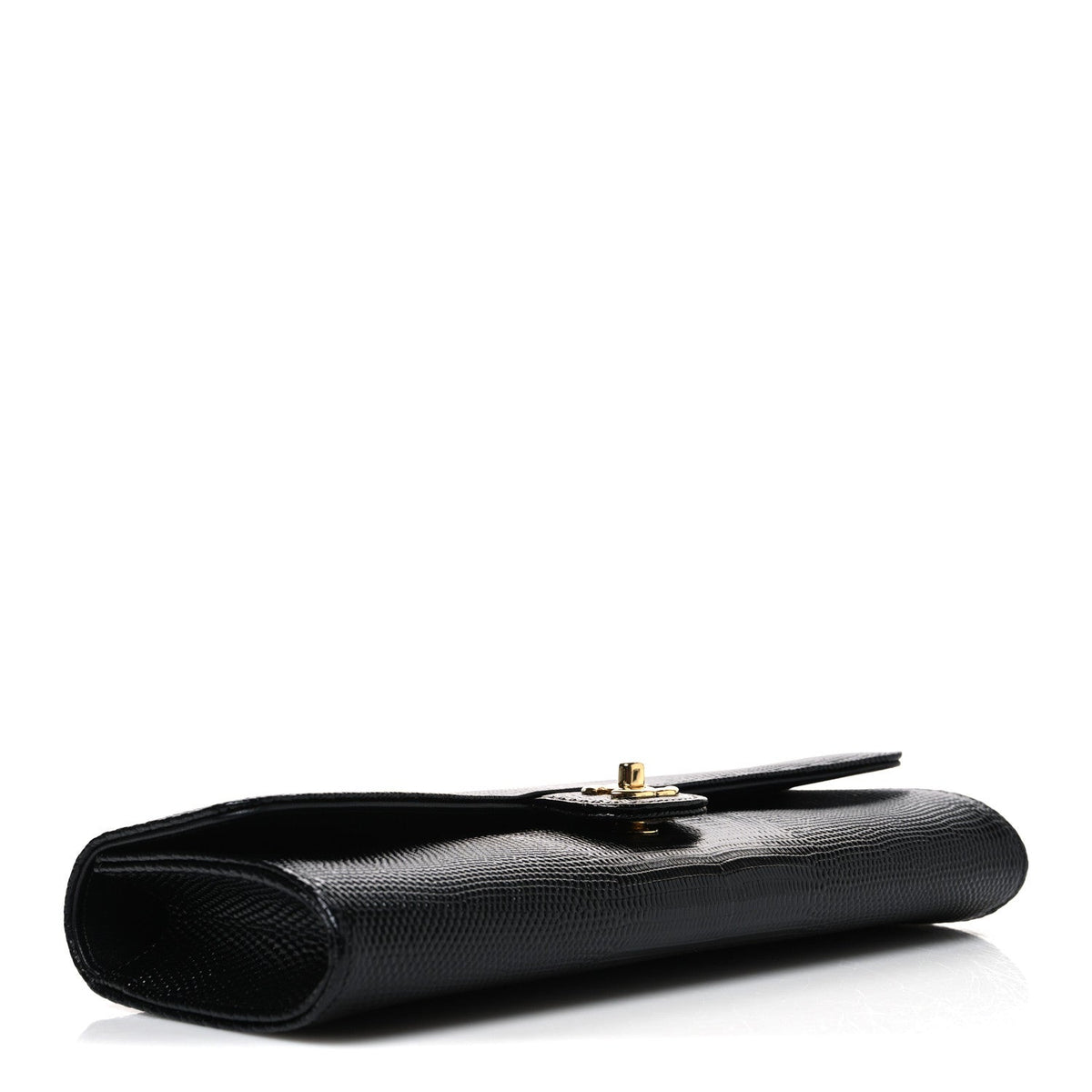 Calfskin Lizard Embossed Top Handle Long Clutch With Chain Black