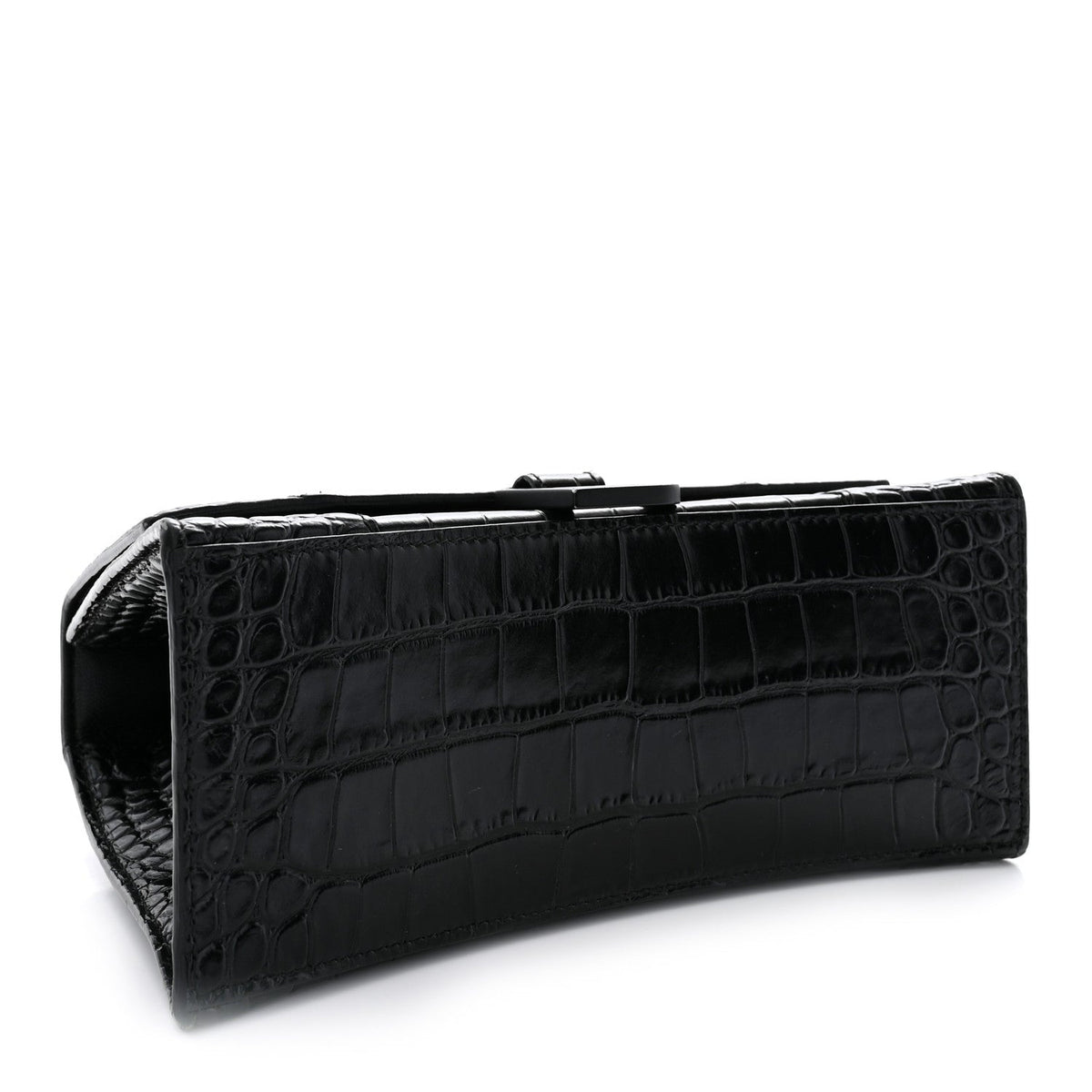 Shiny Calfskin Monochrome Crocodile Embossed Small Hourglass Top Handle Bag Black