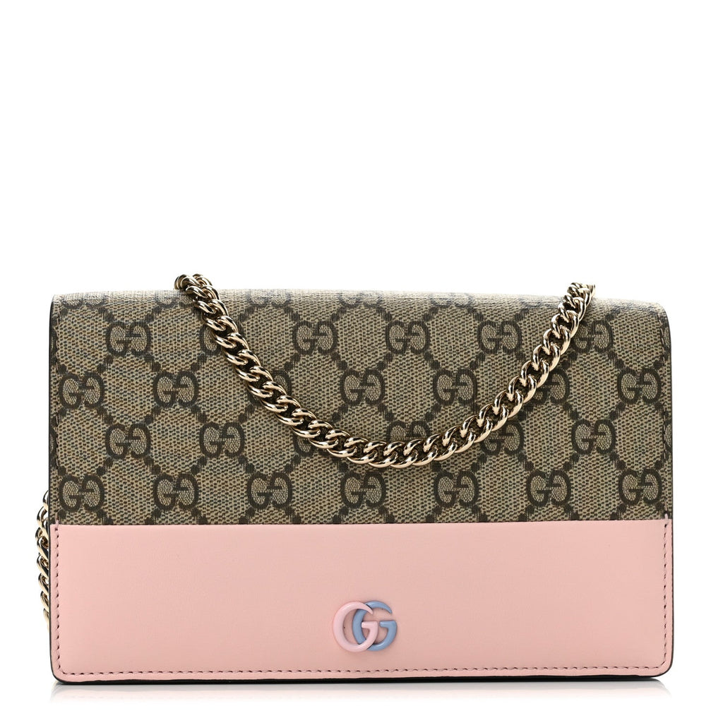 GG Supreme Monogram Textured Dollar Calfskin Mini GG Marmont Chain Wallet Light Pink Blue Beige