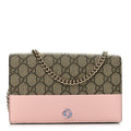 GG Supreme Monogram Textured Dollar Calfskin Mini GG Marmont Chain Wallet Light Pink Blue Beige
