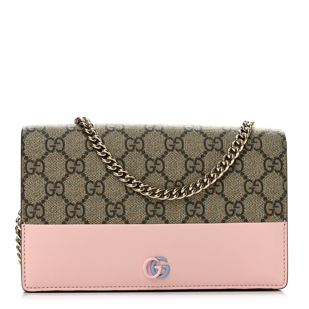 GG Supreme Monogram Textured Dollar Calfskin Mini GG Marmont Chain Wallet Light Pink Blue Beige