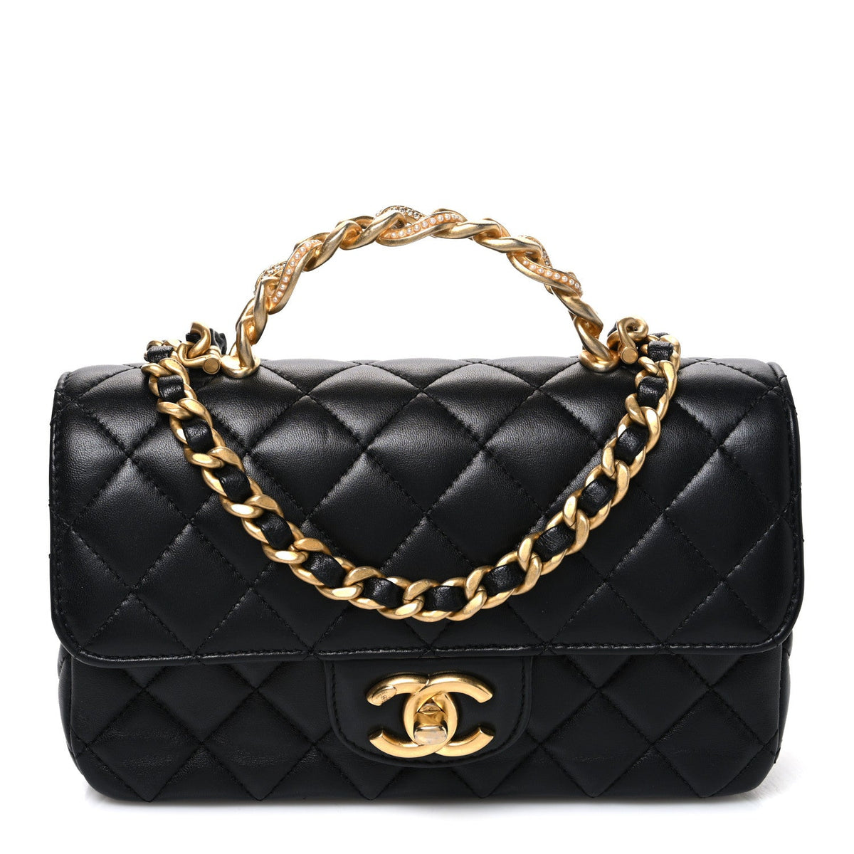 Lambskin Quilted Mini Chain Top Handle Rectangular Flap Black