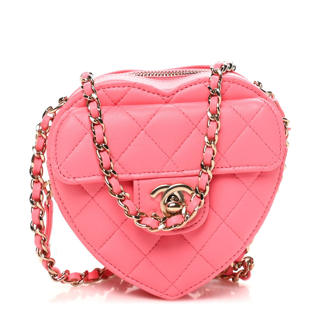 Lambskin Quilted CC In Love Heart Clutch With Chain Pink