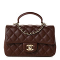 Lambskin Quilted Mini Top Handle Rectangular Flap Dark Brown