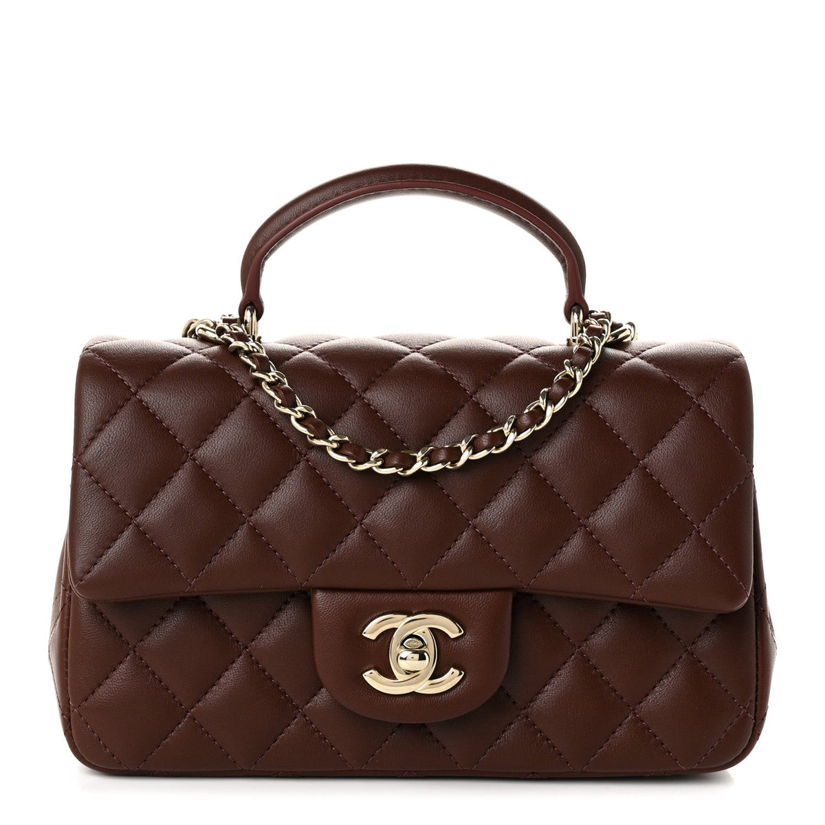 Lambskin Quilted Mini Top Handle Rectangular Flap Dark Brown