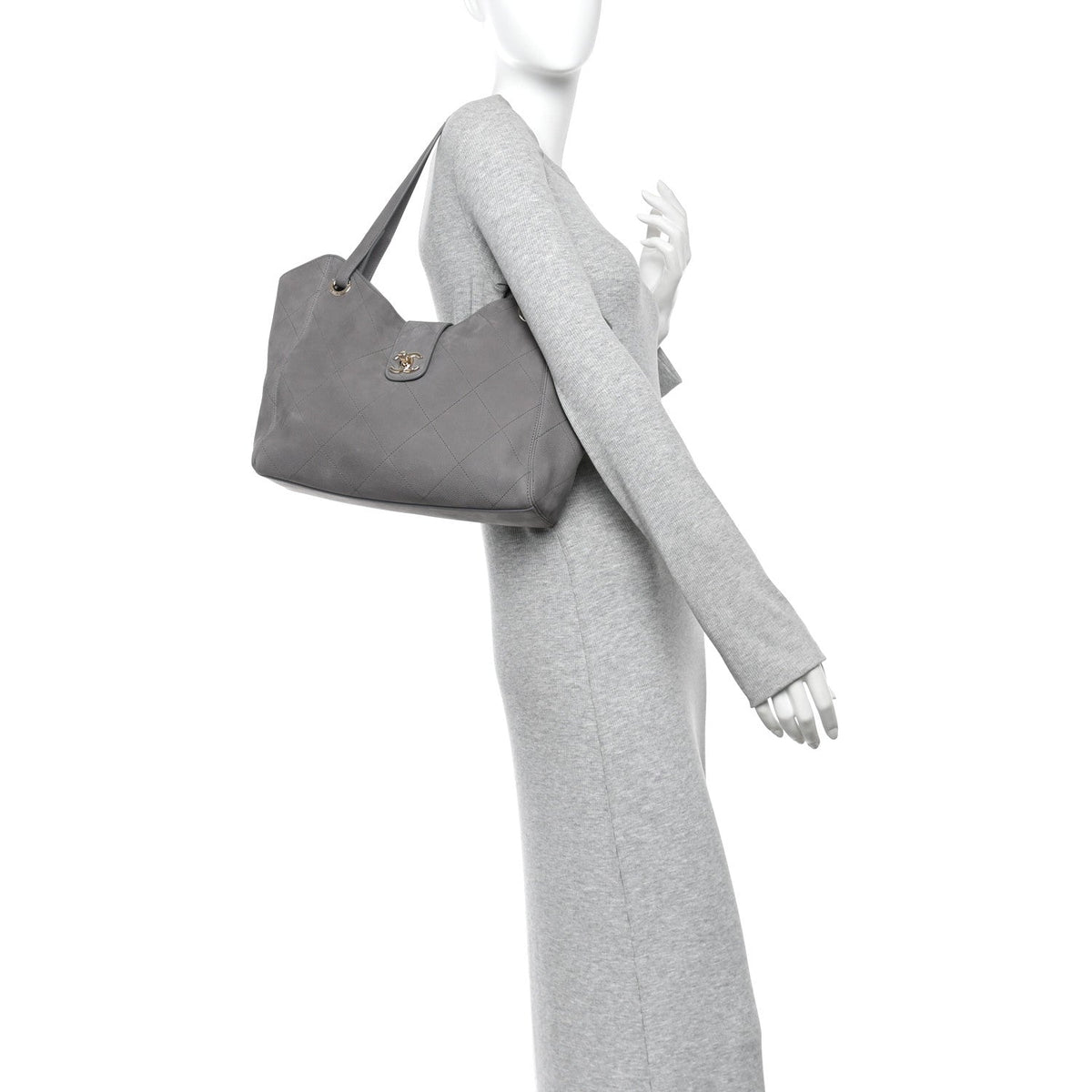 Nubuck Caviar Quilted Large Shopping Bag Grey