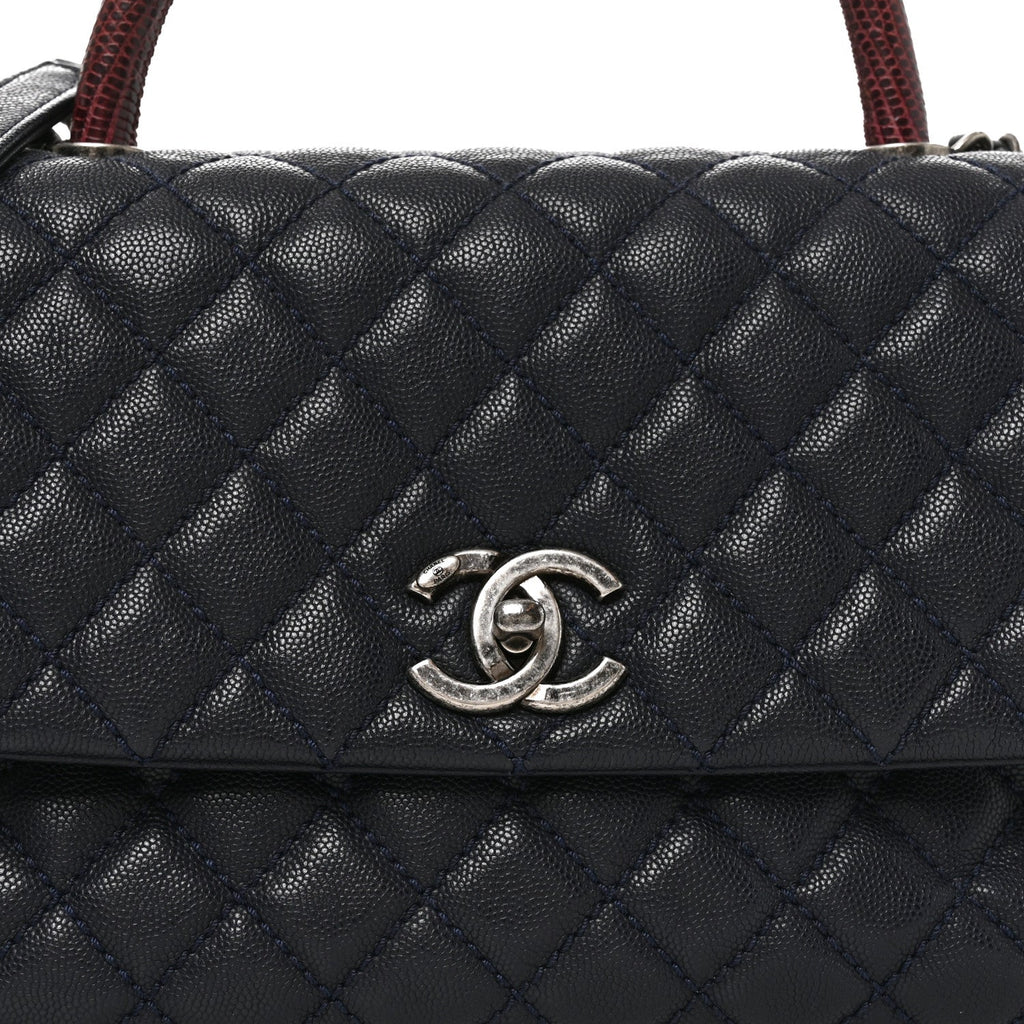 Caviar Lizard Embossed Quilted Small Coco Handle Flap Navy Blue