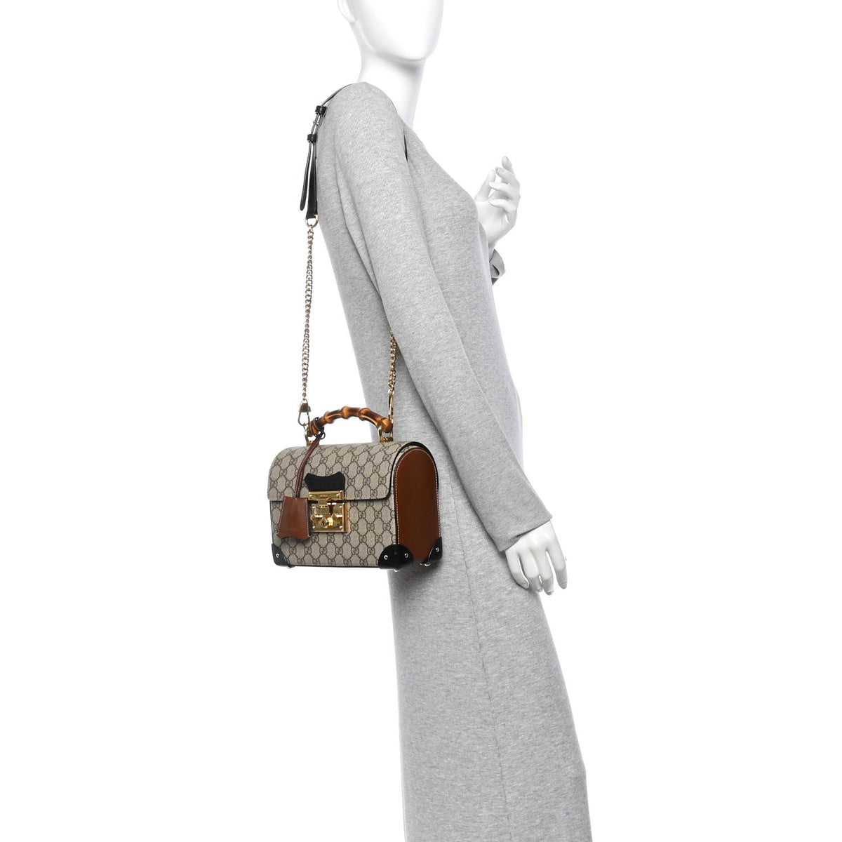 GG Supreme Monogram Small Padlock Bamboo Shoulder Bag Beige Black Cuir