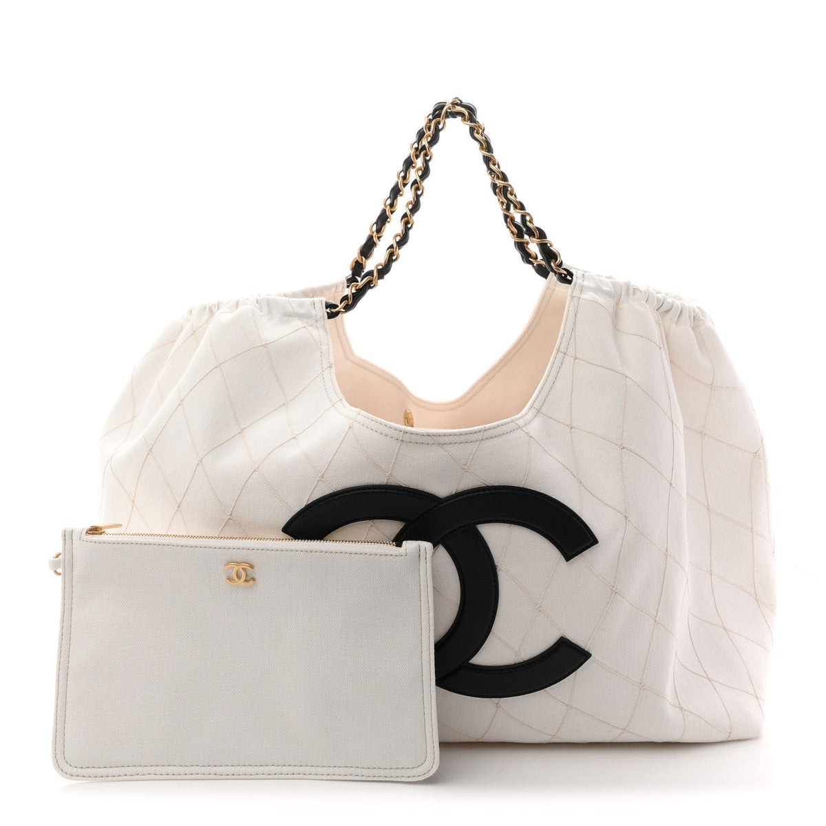 Denim Calfskin Quilted Coco Beach Small Shopping Tote White Black