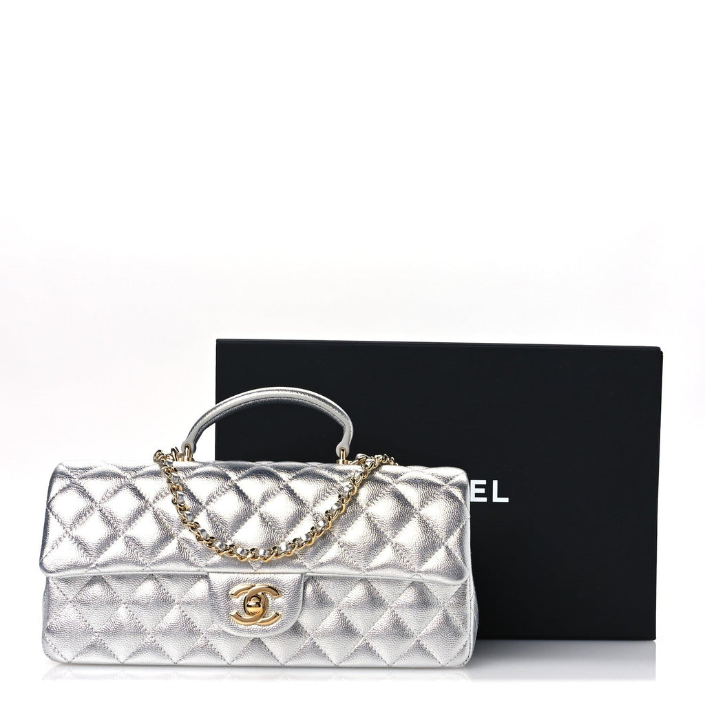 Metallic Caviar Quilted Top Handle East West Flap Silver