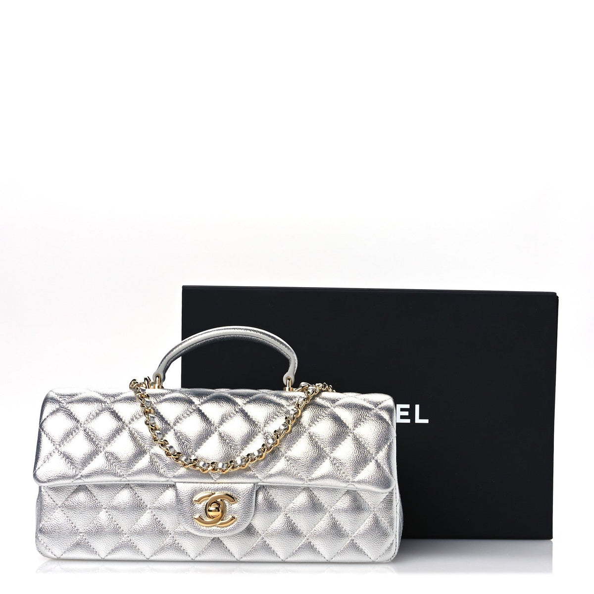 Metallic Caviar Quilted Top Handle East West Flap Silver