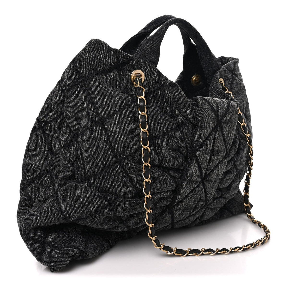 Washed Denim Quilted Maxi Bow Bag Black