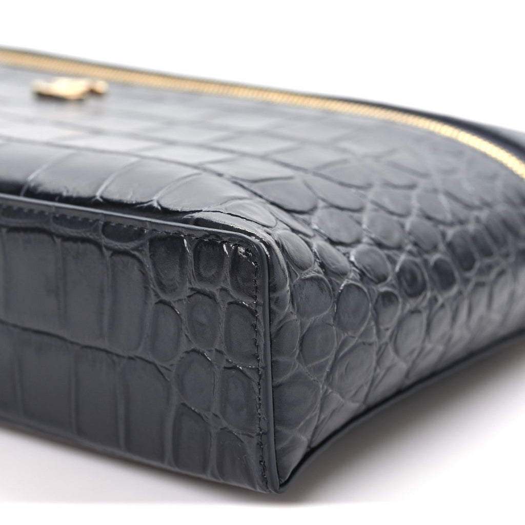 Calfskin Crocodile Embossed Large Supple Trapeze Vanity With Chain Grey