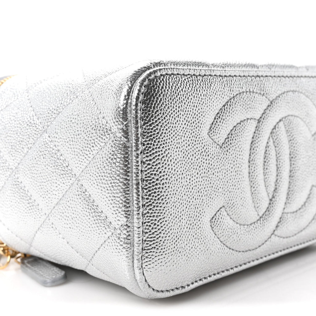 Metallic Caviar Quilted Top Handle Slim Vanity Case With Chain Silver