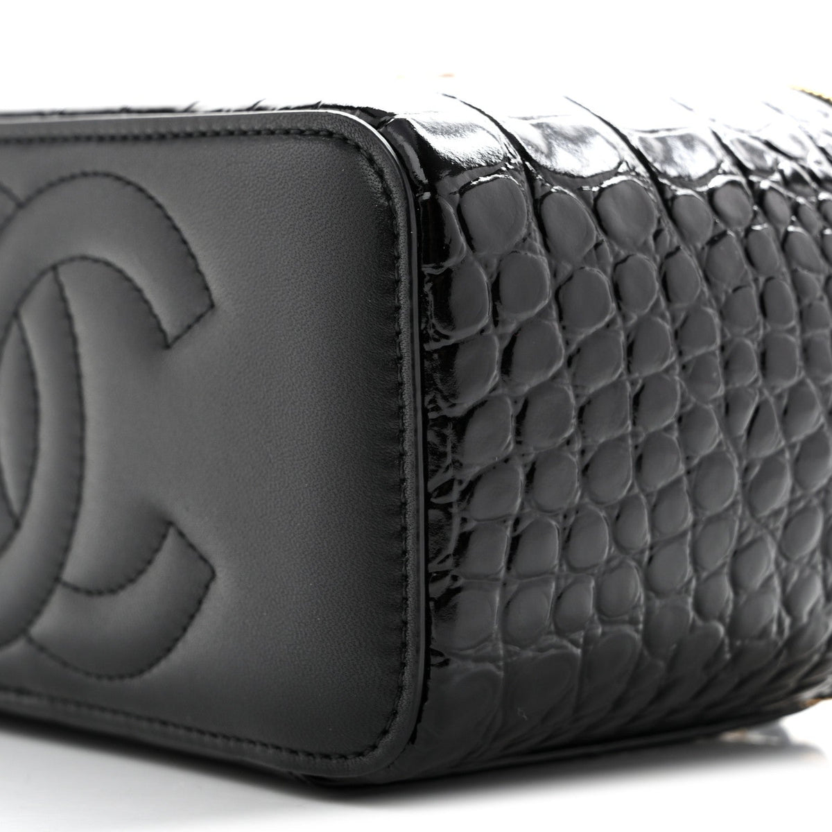 Calfskin Crocodile Embossed Crococo Small Top Handle Vanity Case With Chain Black