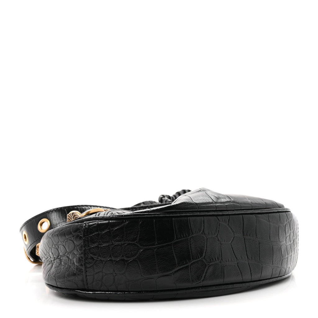 Extra Supple Calfskin Crocodile Embossed Le Cagole Shoulder Bag XS Black