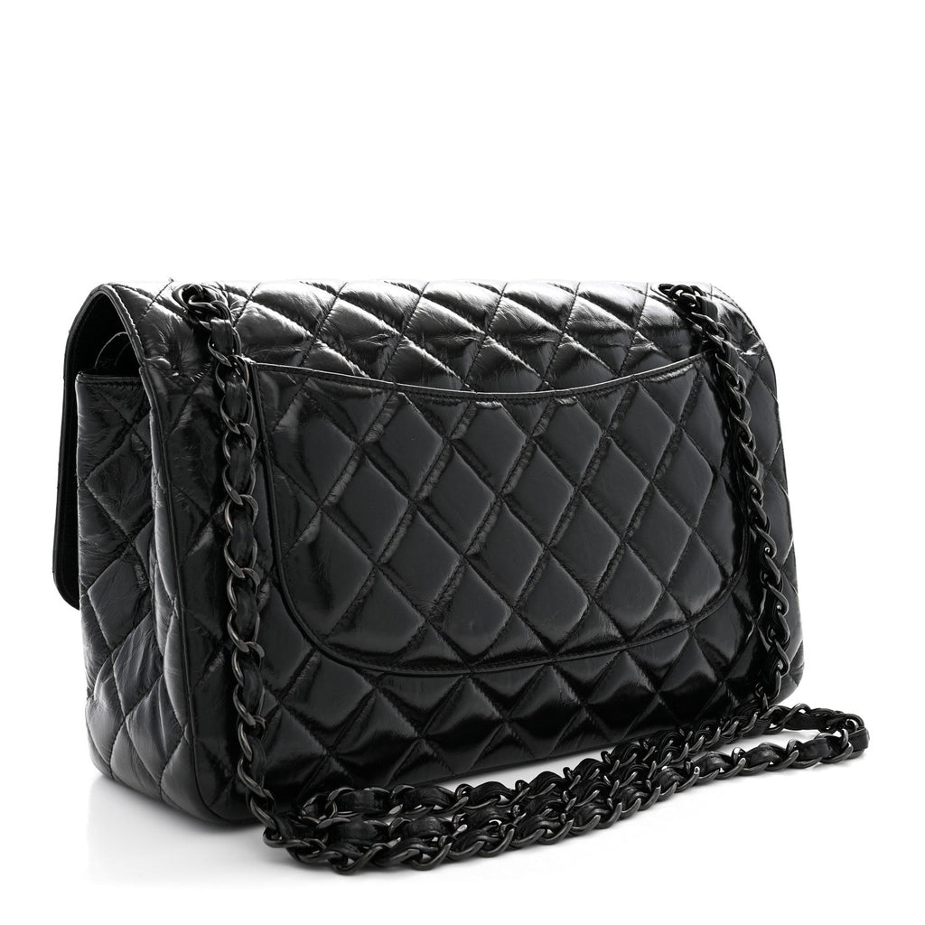 Shiny Distressed Calfskin Quilted Jumbo Double Flap So Black