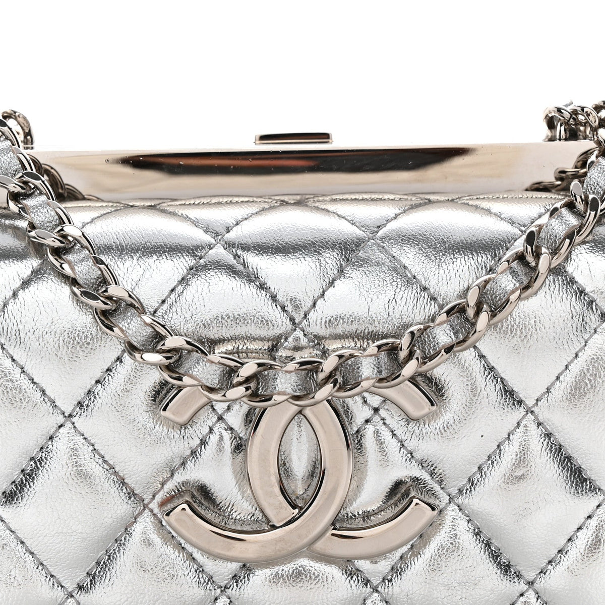 Metallic Calfskin Quilted Box Crossbody Silver
