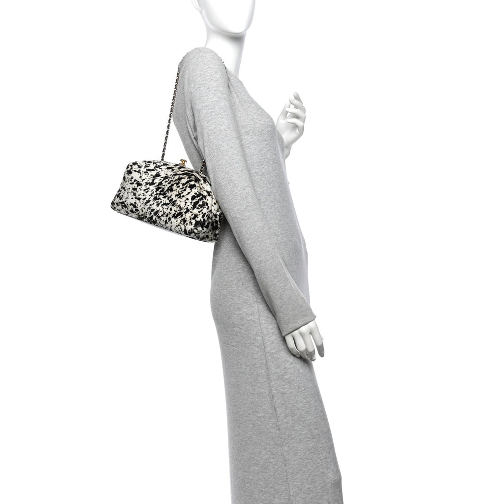 Lambskin Pony Hair Printed Clutch With Chain Black White