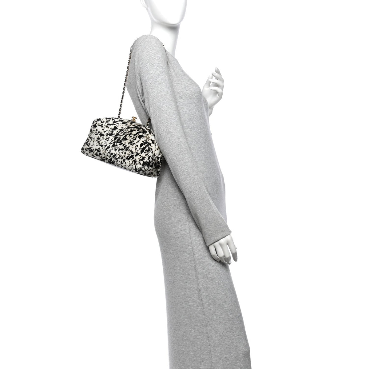 Lambskin Pony Hair Printed Clutch With Chain Black White