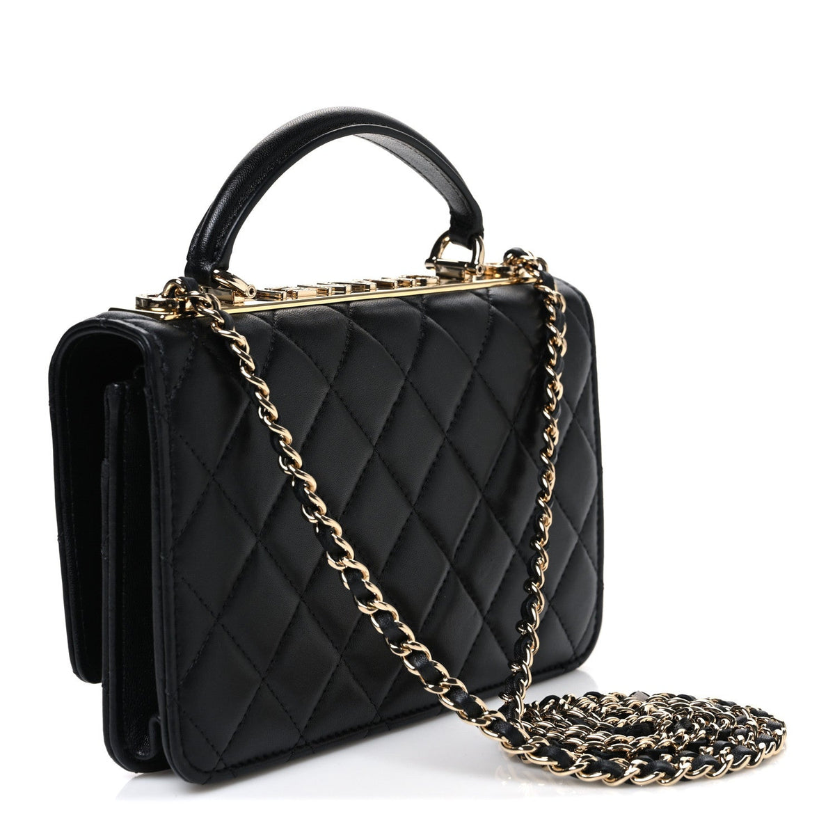Lambskin Crystal Quilted Trendy CC Top Handle WOC Flap Bag Black