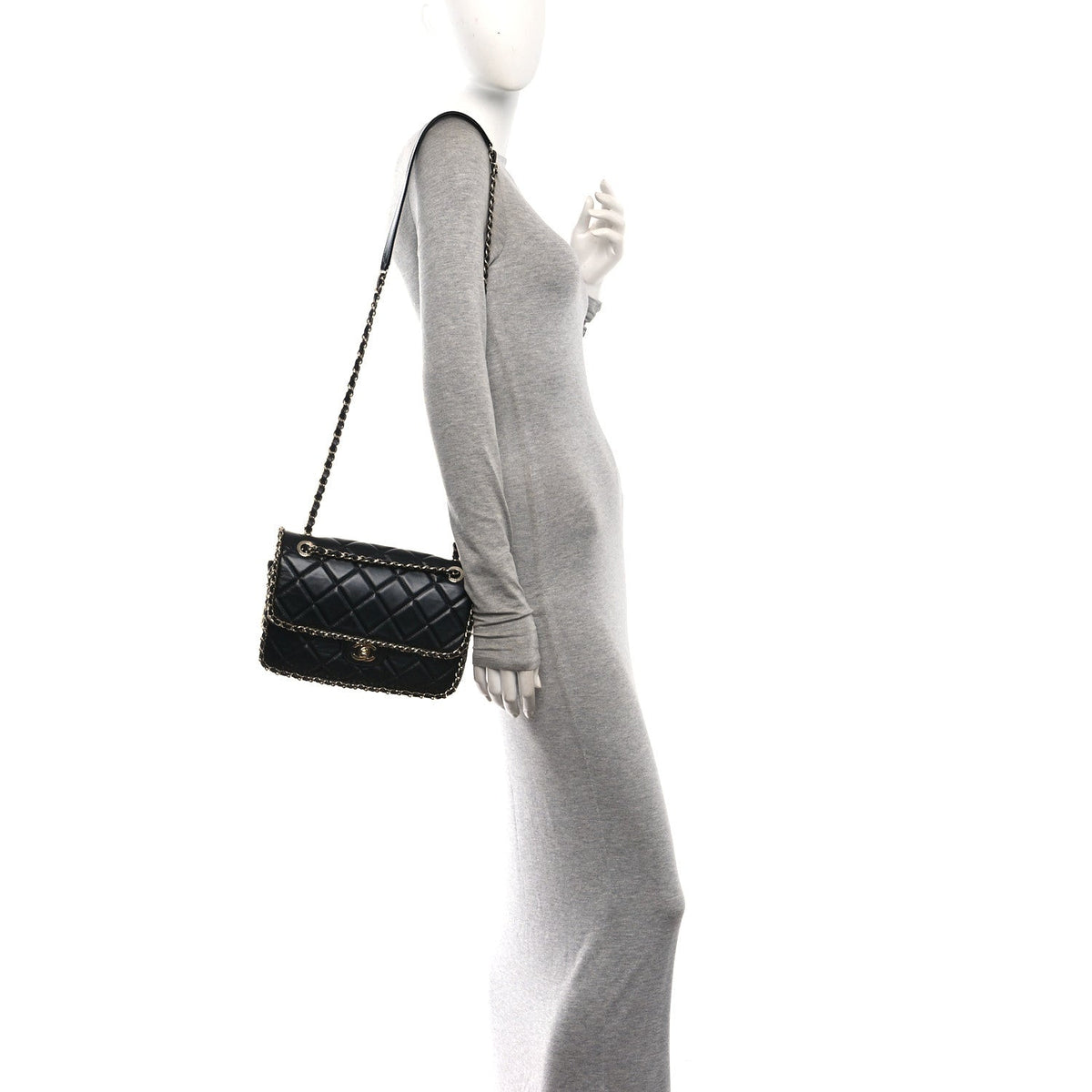 Crumpled Calfskin Medium Chain All Over Flap Black
