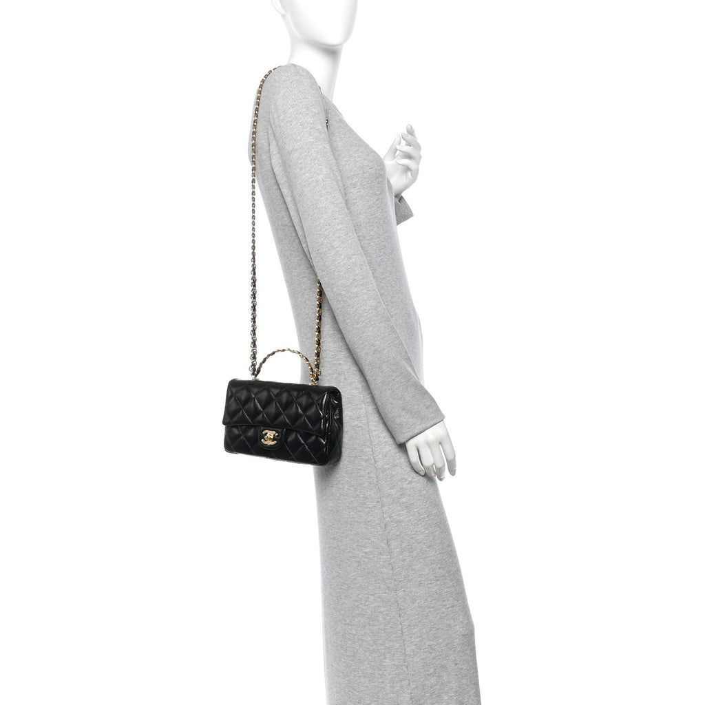 Shiny Lambskin Quilted Golden Links Top Handle Flap Black