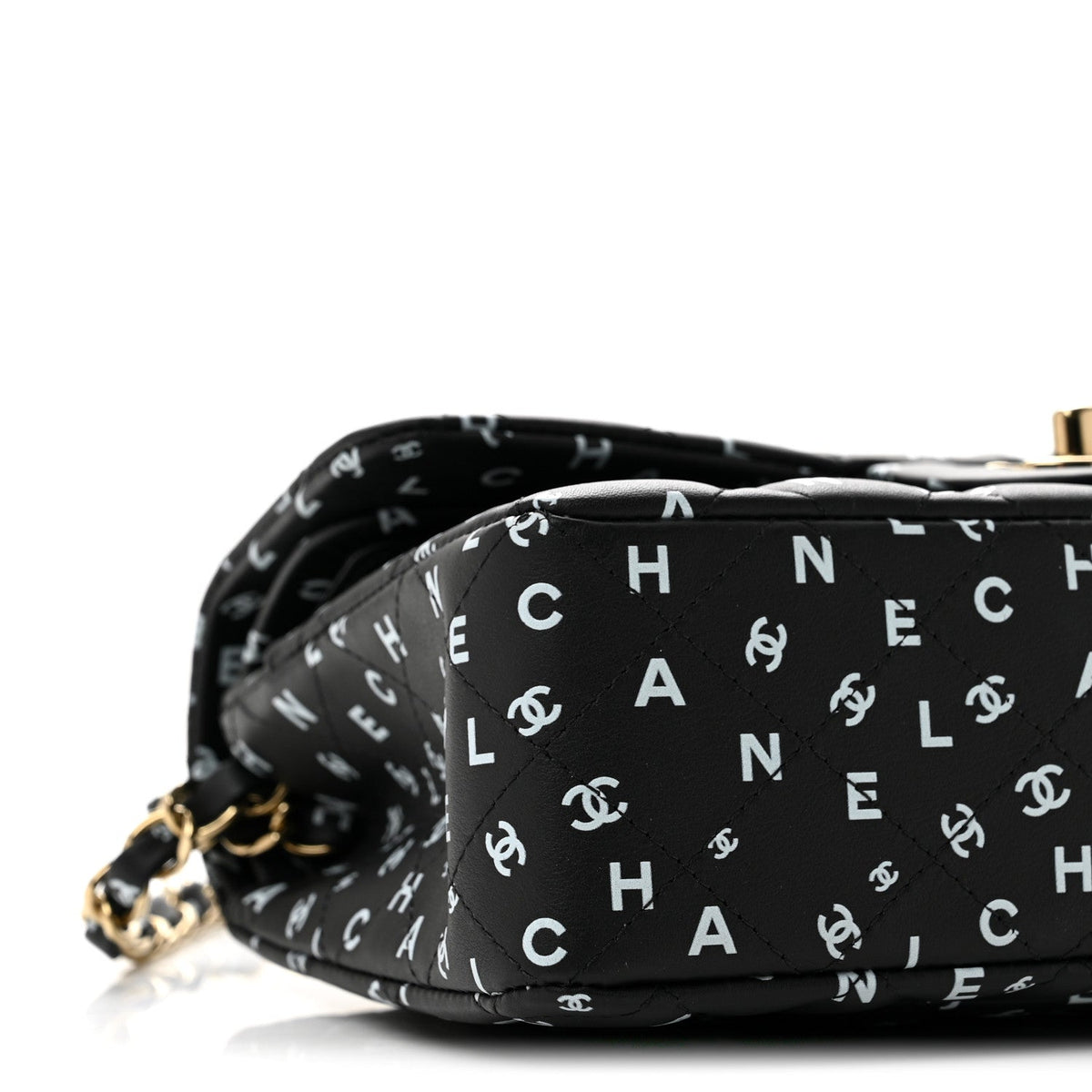 Calfskin Quilted Logo CC Printed Small Double Flap Black White