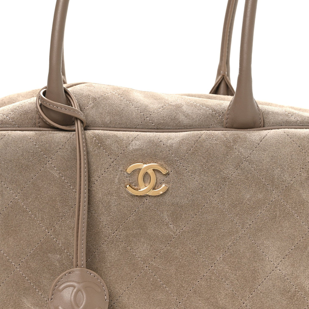Suede Calfskin Large Perfect Bowling Bag Dark Beige
