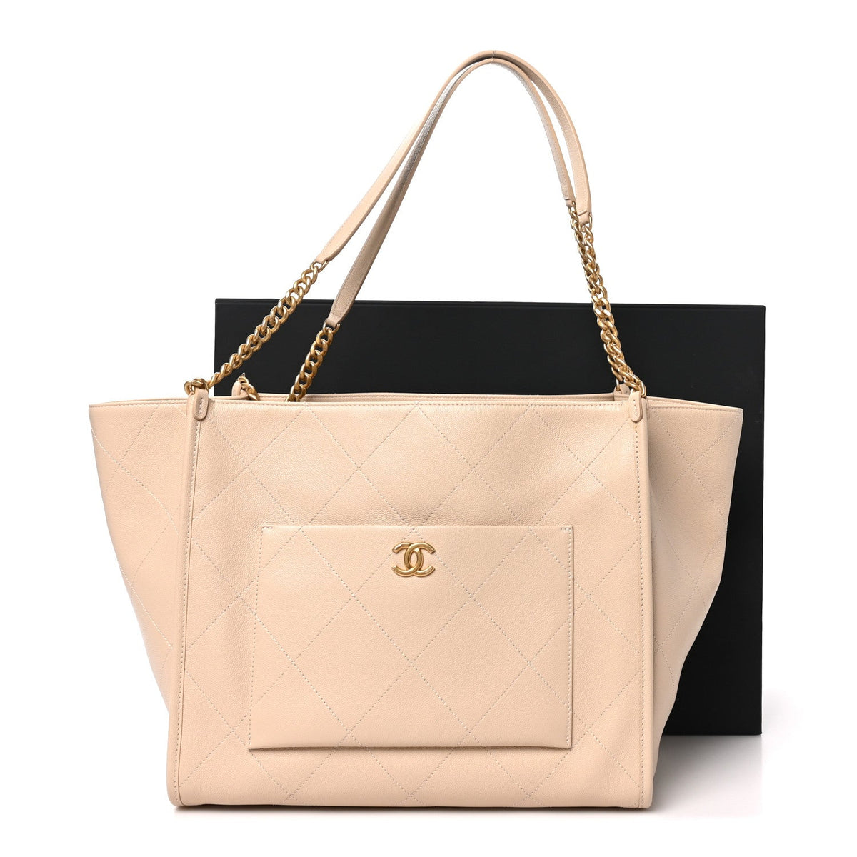 Caviar Stitched Pocket CC Large Tote Light Beige