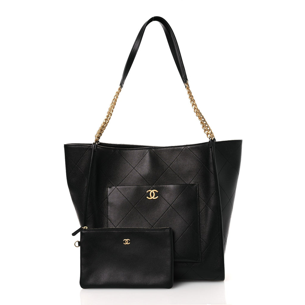 Caviar Stitched Pocket CC Large Tote Black