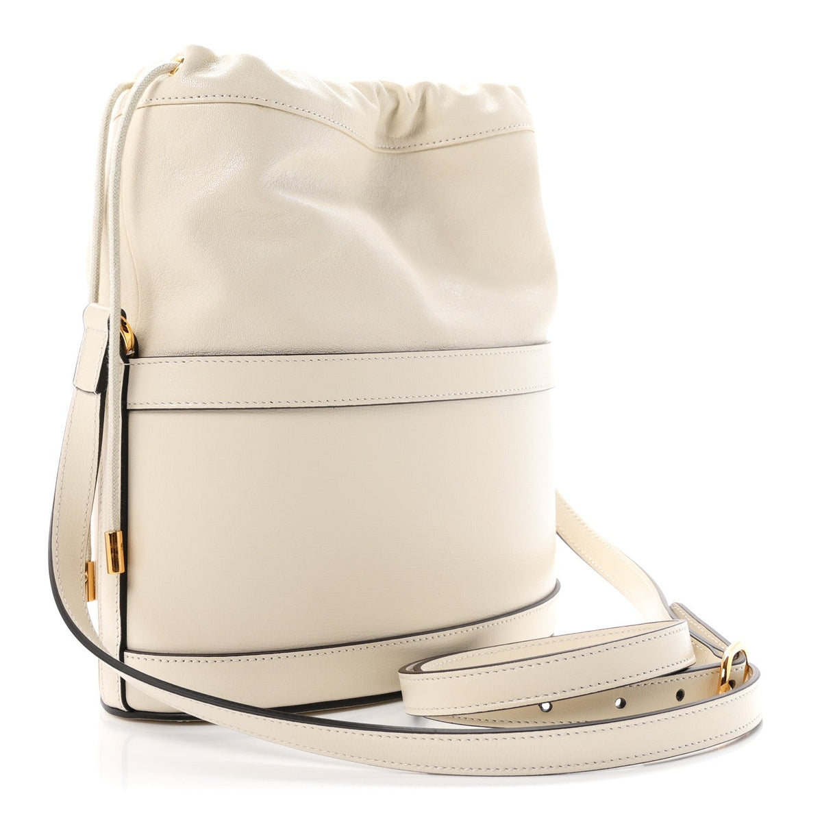 Azalea Sakai Calfskin Horsebit 1955 Drawstring Bucket Bag Mystic White