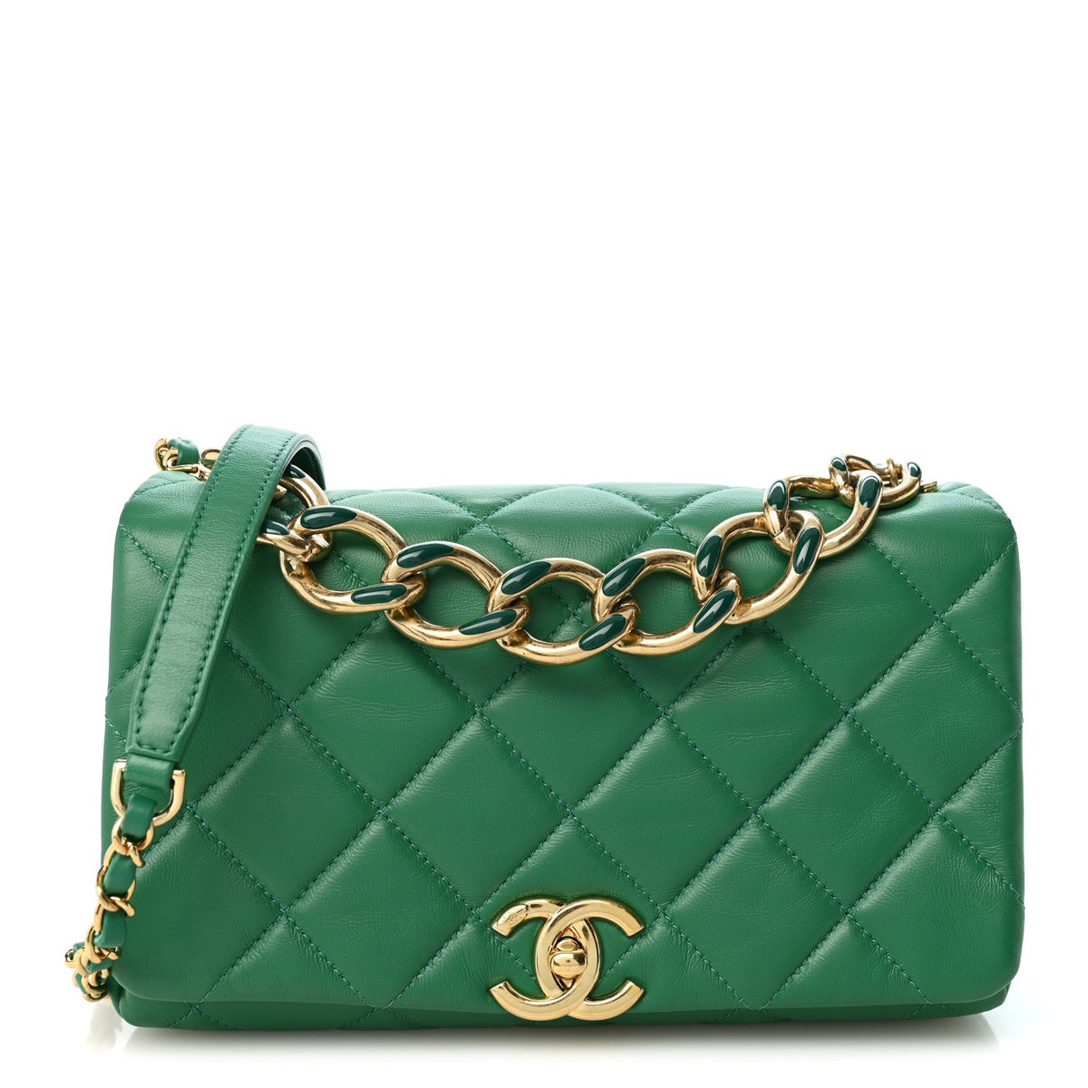 Lambskin Quilted Medium Color Match Flap Green