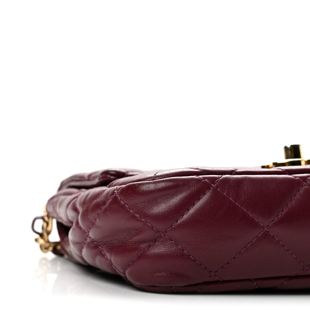 Shiny Lambskin Quilted Golden Links Top Handle Flap Dark Purple