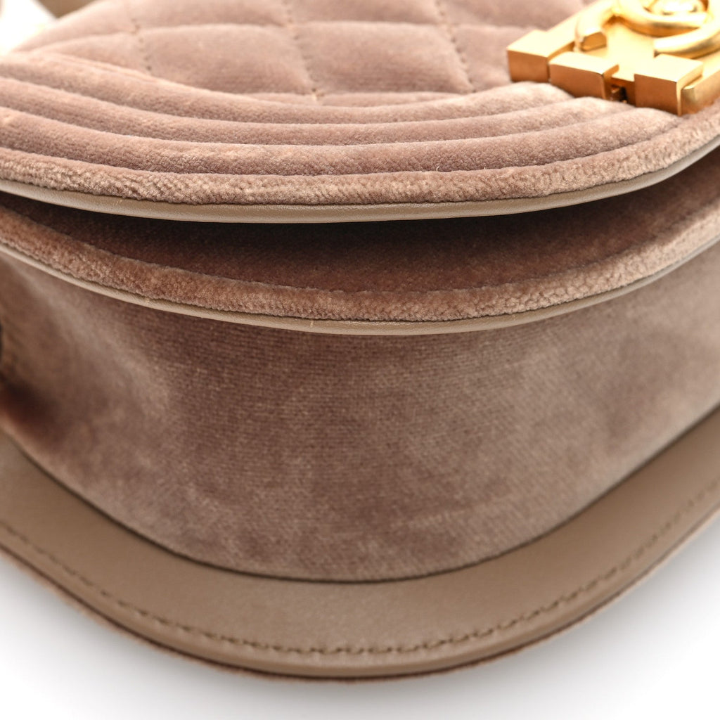 Velvet Quilted Mini Boy Messenger Bag Beige