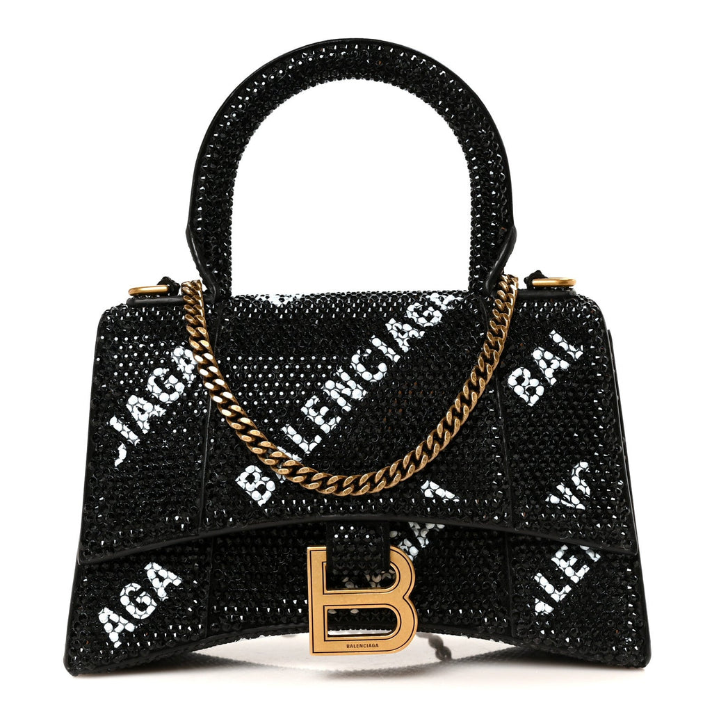 Strass Suede Allover Logo Hourglass Top Handle Bag XS with Chain Black White