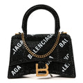 Strass Suede Allover Logo Hourglass Top Handle Bag XS with Chain Black White