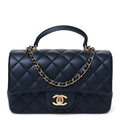 Iridescent Lambskin Quilted Mini Top Handle Rectangular Flap Dark Blue