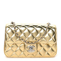 Metallic Lambskin Quilted Mini Rectangular Pearl Crush Flap  Gold