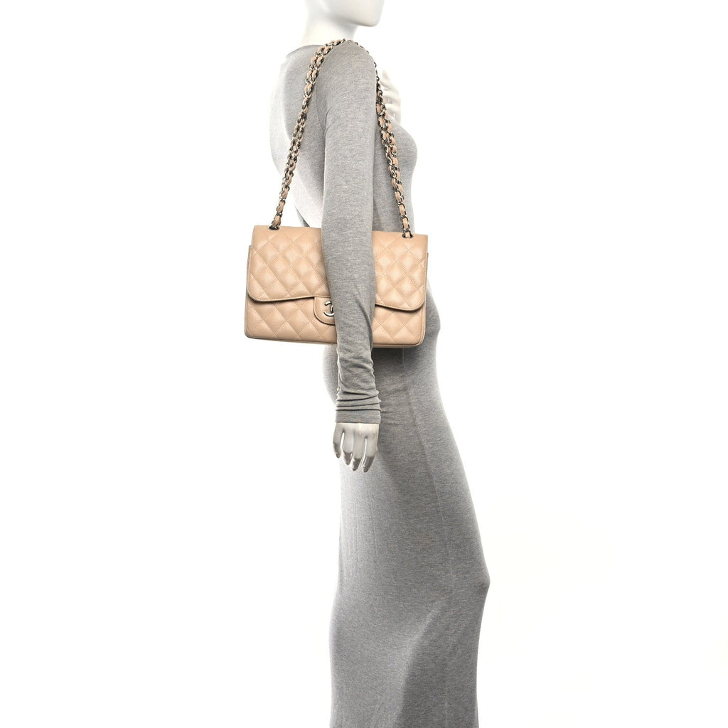 Caviar Quilted Jumbo Double Flap Light Beige