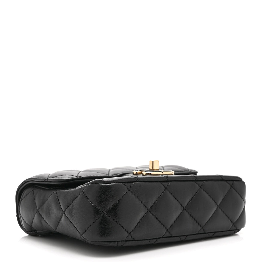 Lambskin Resin Quilted Mini Heart Square Flap Black