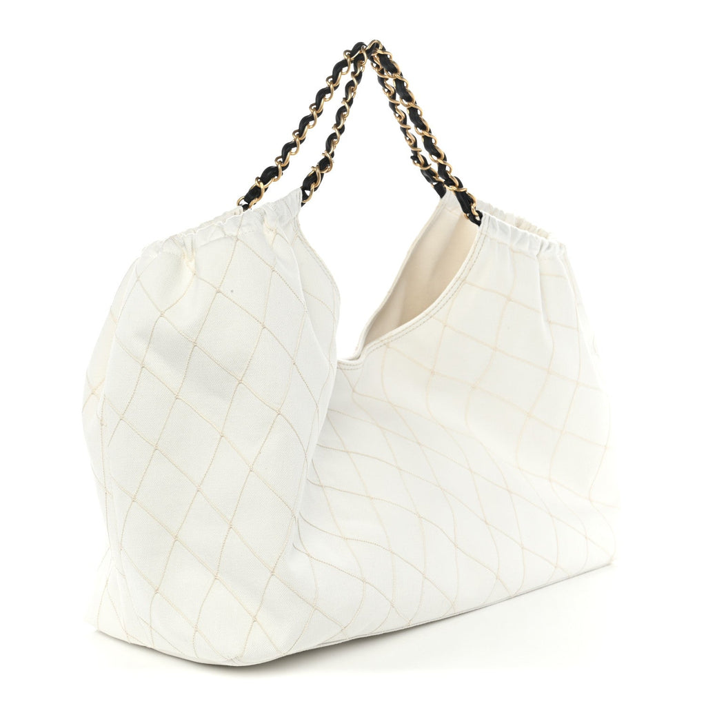 Denim Calfskin Quilted Coco Beach Small Shopping Tote White Black
