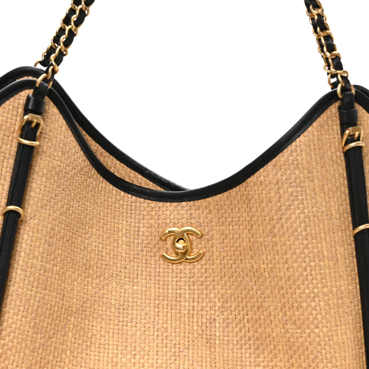 Braided Raffia Stitched Maxi Shopping Bag Dark Beige Black